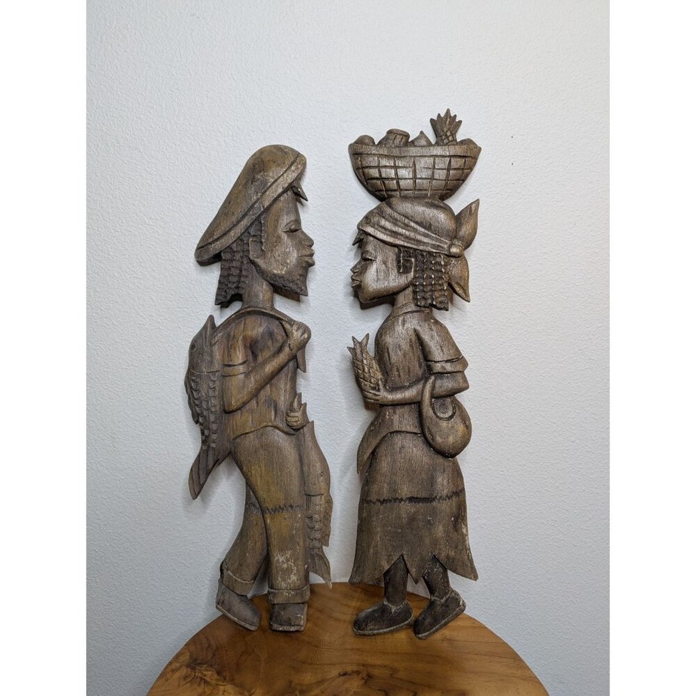 Vintage African Art Set Hand Carved Wooden Wall Decor Cameroon